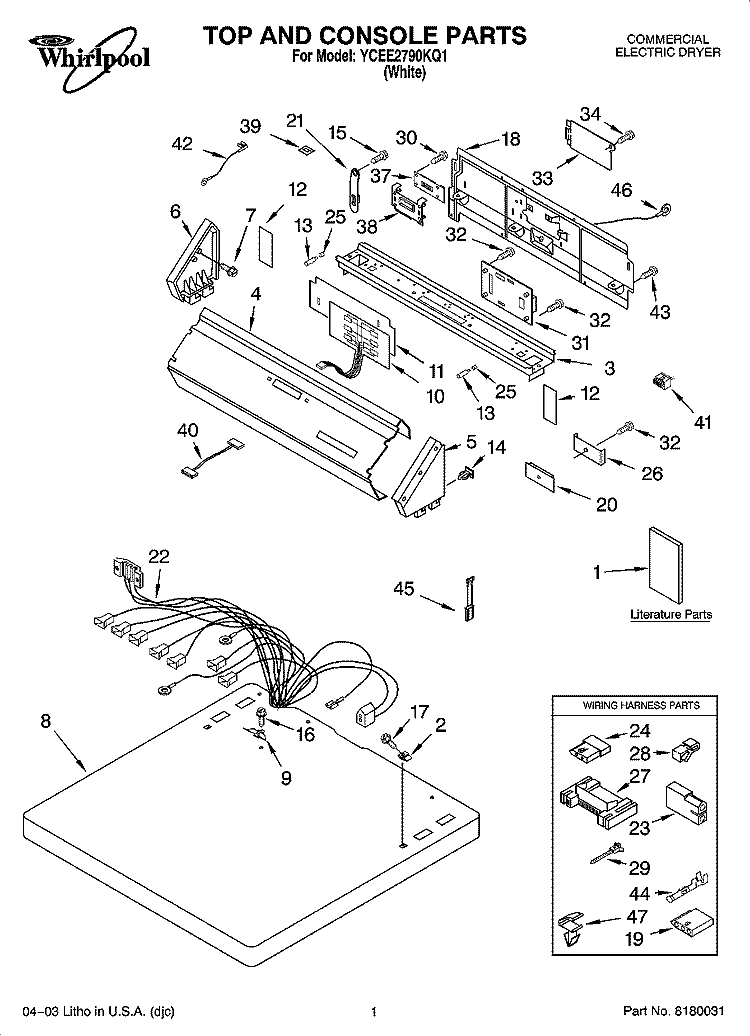 TOP AND CONSOLE PARTS Diagram and Parts List for YCEE2790KQ1  Whirlpool Dryer