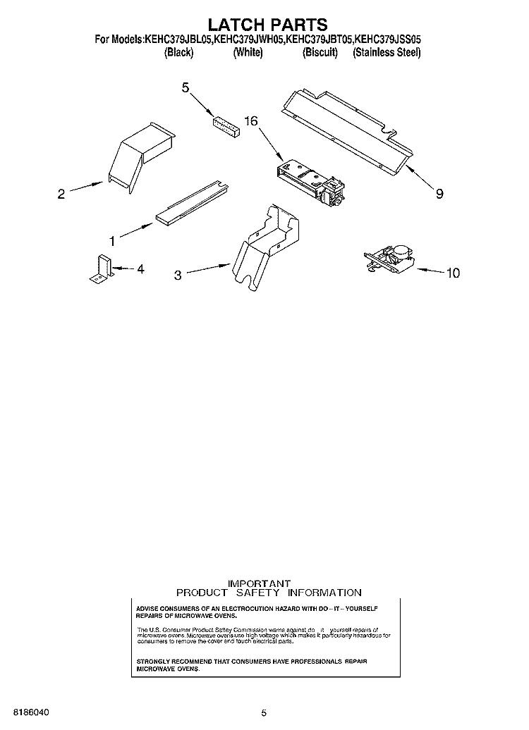LATCH PARTS Diagram and Parts List for KEHC379JSS05  KitchenAid Microwave Oven Combo