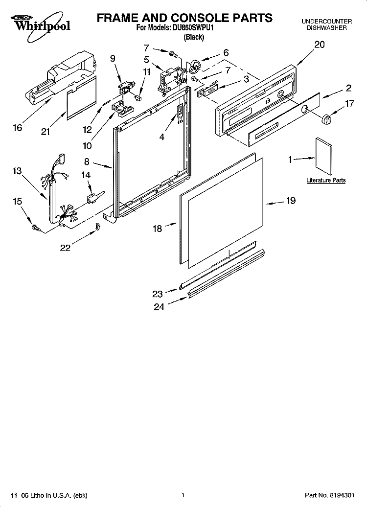 FRAME AND CONSOLE PARTS Diagram and Parts List for DU850SWPU1  Whirlpool Dishwasher
