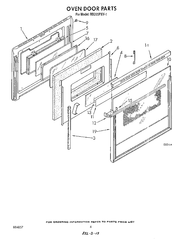 OVEN DOOR Diagram and Parts List for RB265PXV1  Whirlpool Wall Oven