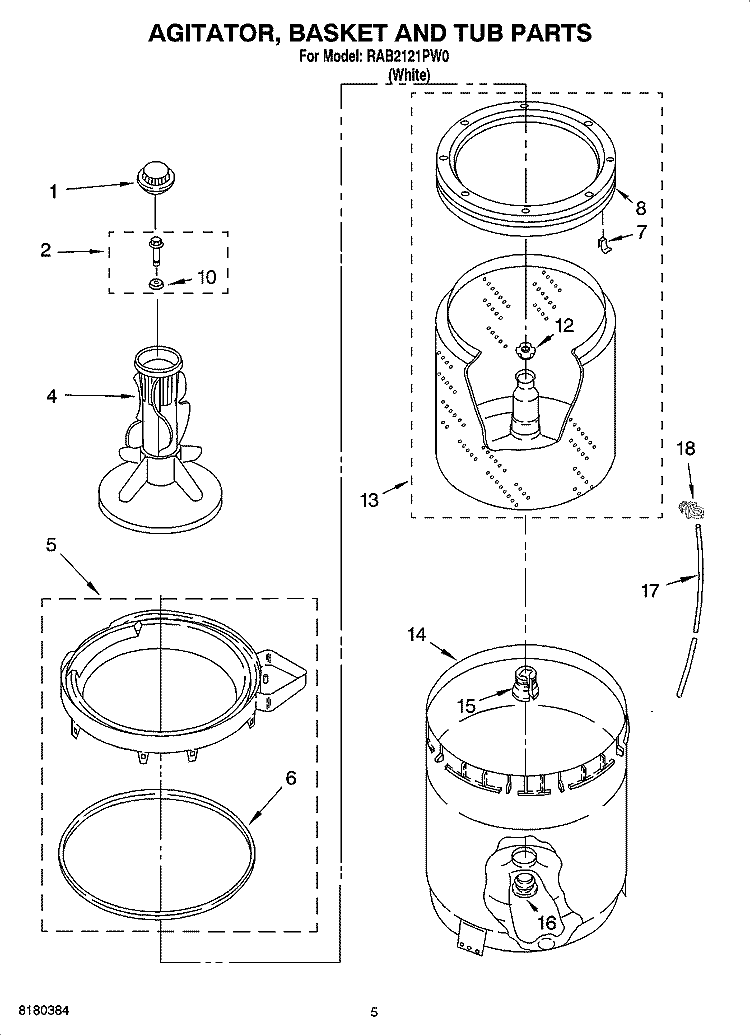 AGITATOR, BASKET AND TUB PARTS Diagram and Parts List for RAB2121PW0  Roper Washer