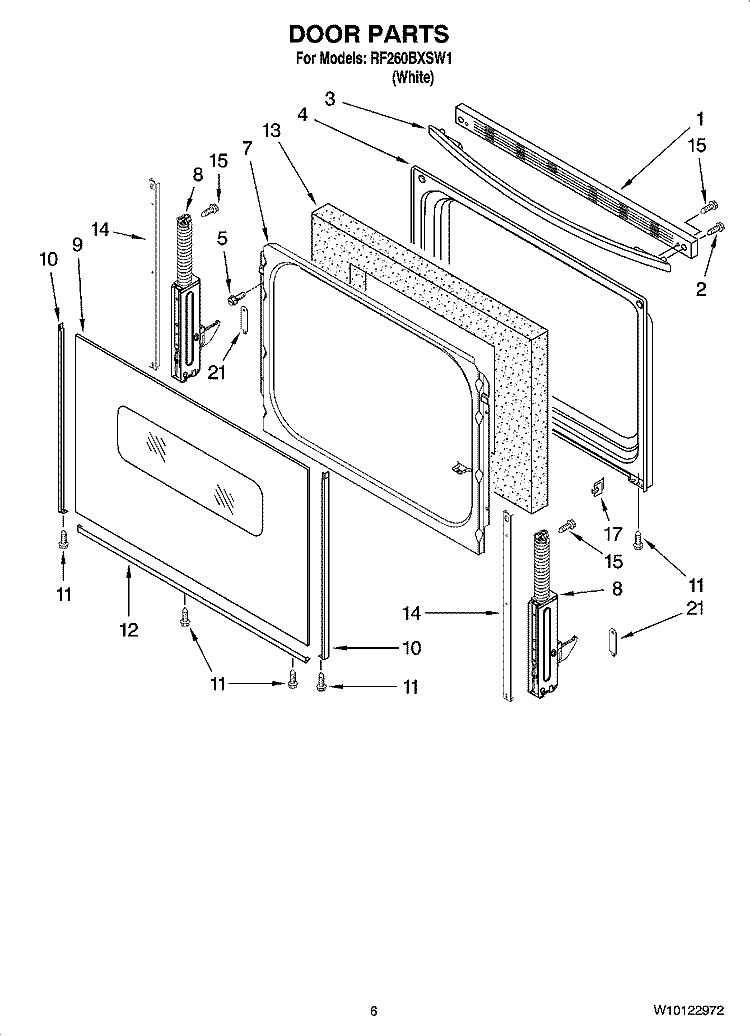 DOOR PARTS, OPTIONAL PARTS (NOT INCLUDED) Diagram and Parts List for RF260BXSW1  Whirlpool Range