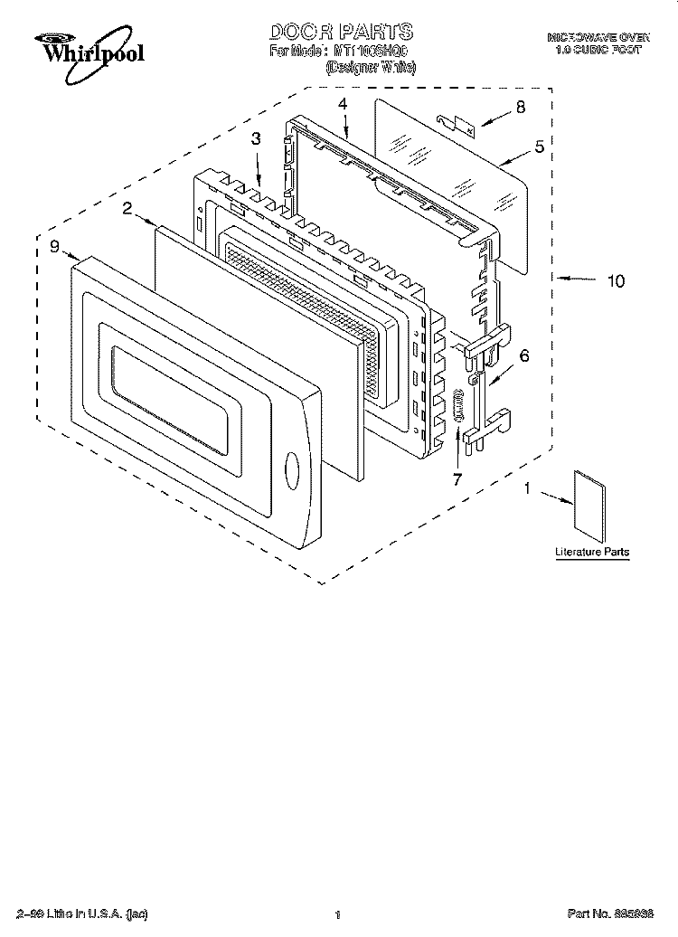 DOOR, LITERATURE Diagram and Parts List for MT1100SHQ0  Whirlpool Microwave