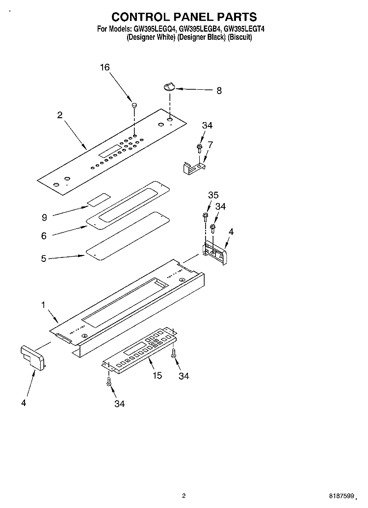 CONTROL PANEL Diagram and Parts List for GW395LEGB4  Whirlpool Range