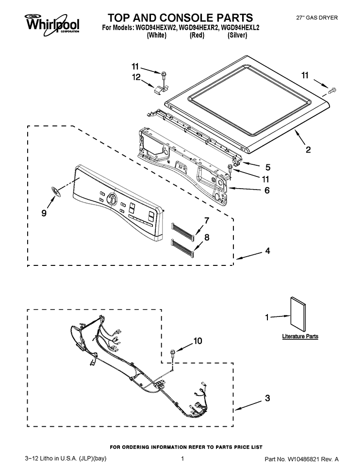 TOP AND CONSOLE PARTS Diagram and Parts List for WGD94HEXL2  Whirlpool Dryer