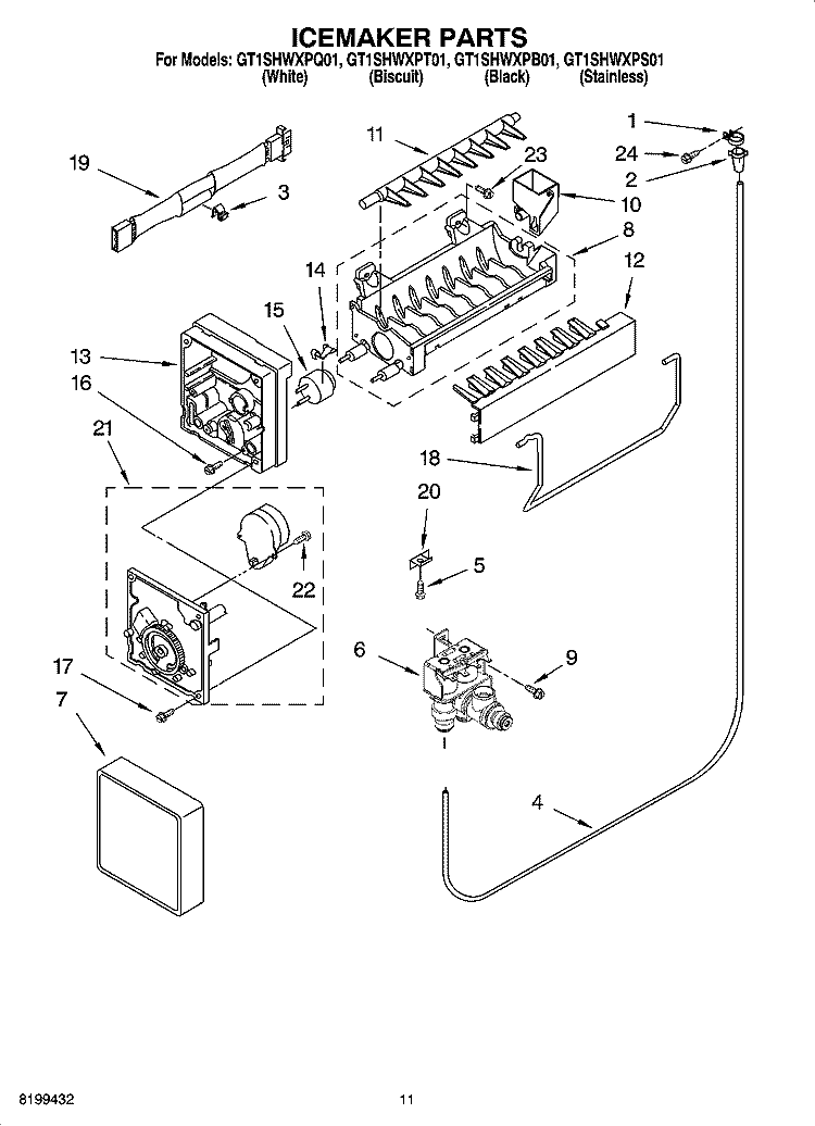 ICEMAKER PARTS Diagram and Parts List for GT1SHWXPQ01  Whirlpool Refrigerator