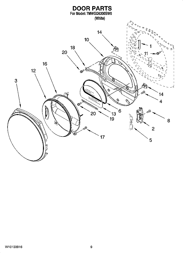 DOOR PARTS, OPTIONAL PARTS (NOT INCLUDED) Diagram and Parts List for 7MWGD8300SW0  Whirlpool Dryer