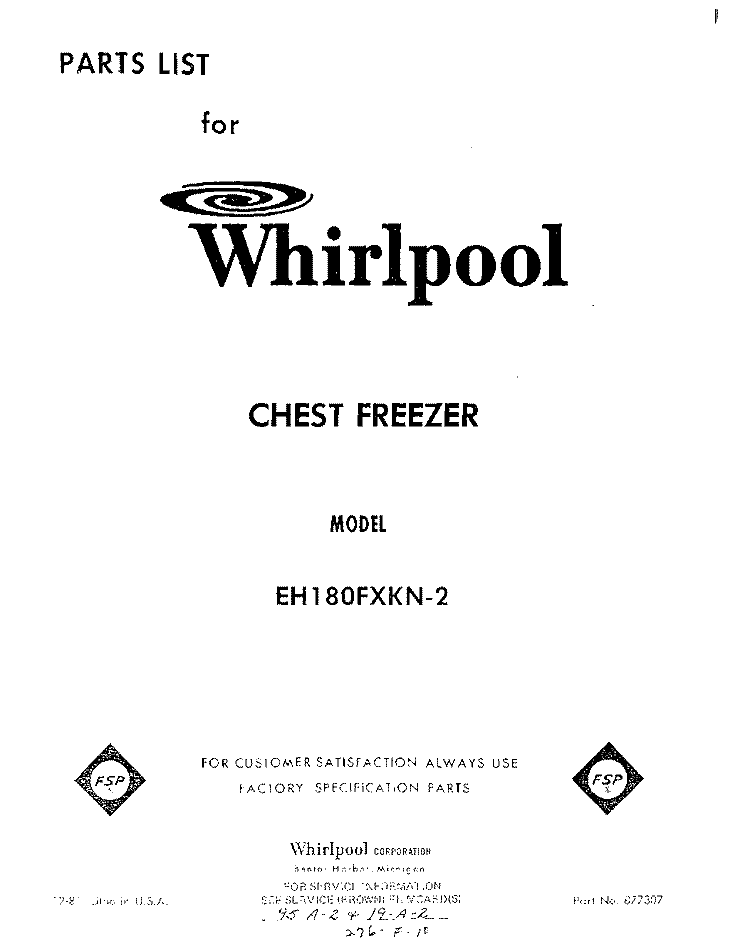 SECTION Diagram and Parts List for EH180FXKN2  Whirlpool Freezer