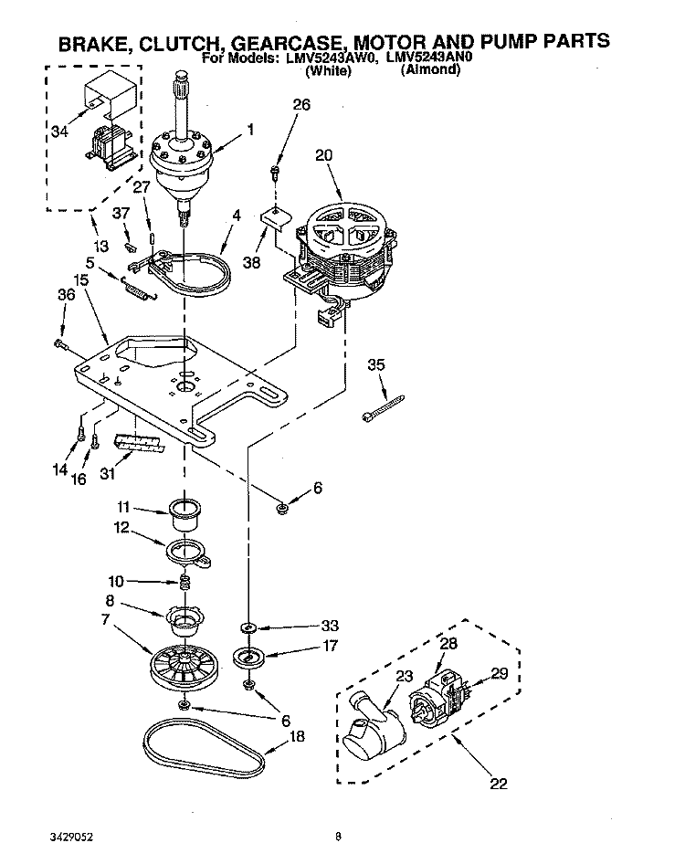 BRAKE, CLUTCH, GEARCASE, MOTOR & PUMP Diagram and Parts List for LMV5243AN0  Whirlpool Washer