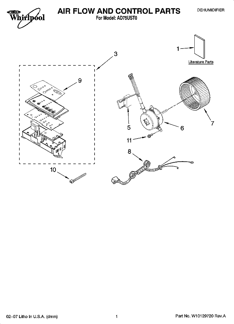 AIR FLOW AND CONTROL PARTS Diagram and Parts List for AD75UST0  Whirlpool Dehumidifier