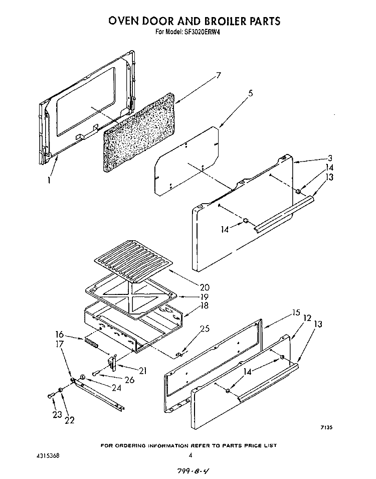 OVEN DOOR AND BROILER Diagram and Parts List for SF3020ERW4  Whirlpool Range