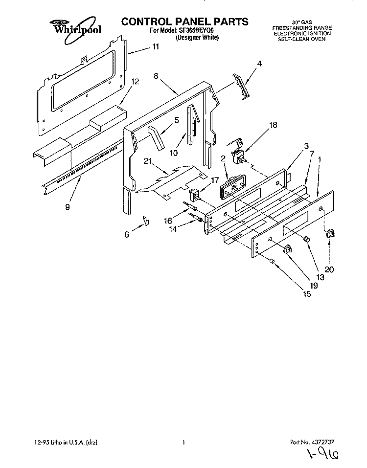CONTROL PANEL Diagram and Parts List for SF365BEYQ6  Whirlpool Range