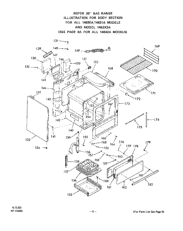 BODY Diagram and Parts List for 1463W1A  Roper Range