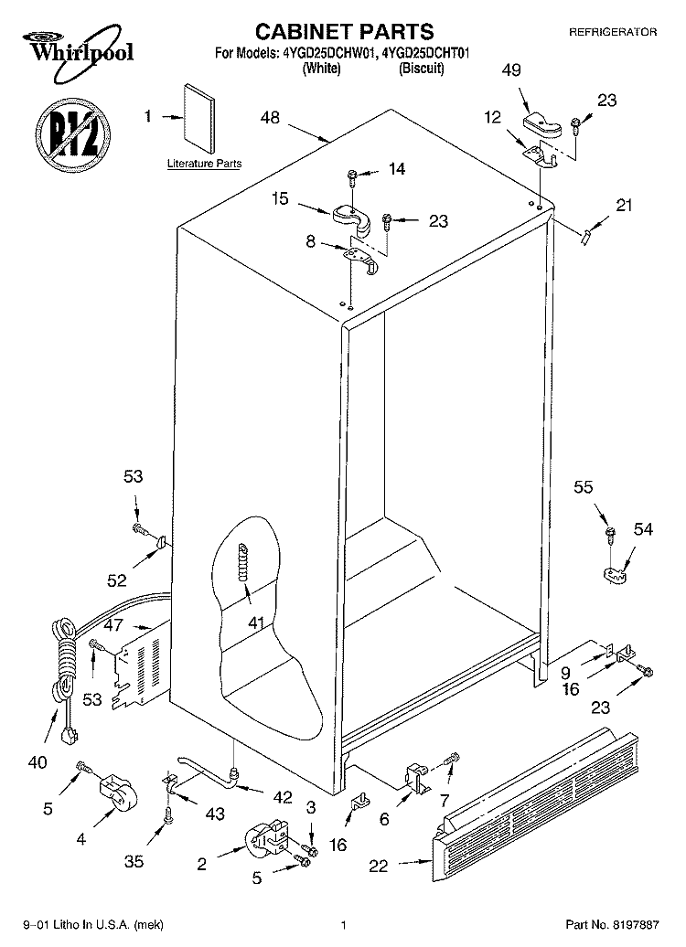 CABINET, LITERATURE Diagram and Parts List for 4YGD25DCHW01  Whirlpool Refrigerator