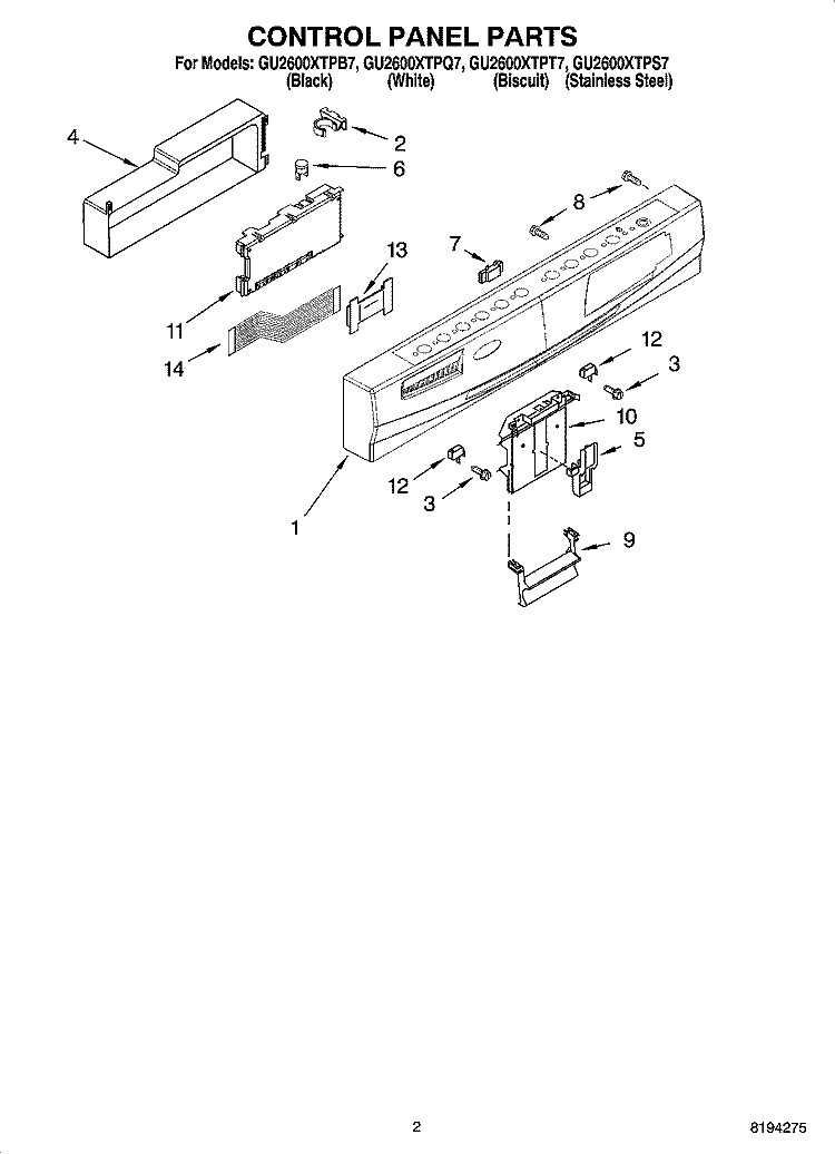 CONTROL PANEL PARTS Diagram and Parts List for GU2600XTPB7  Whirlpool Dishwasher