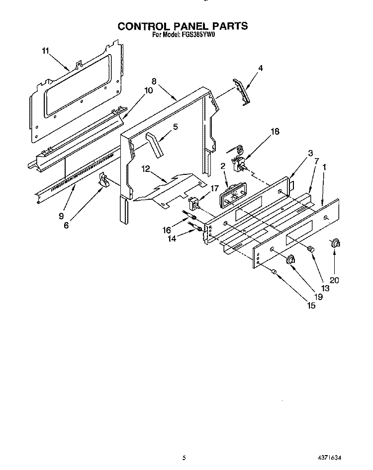 CONTROL PANEL Diagram and Parts List for FGS385YW0  Roper Range
