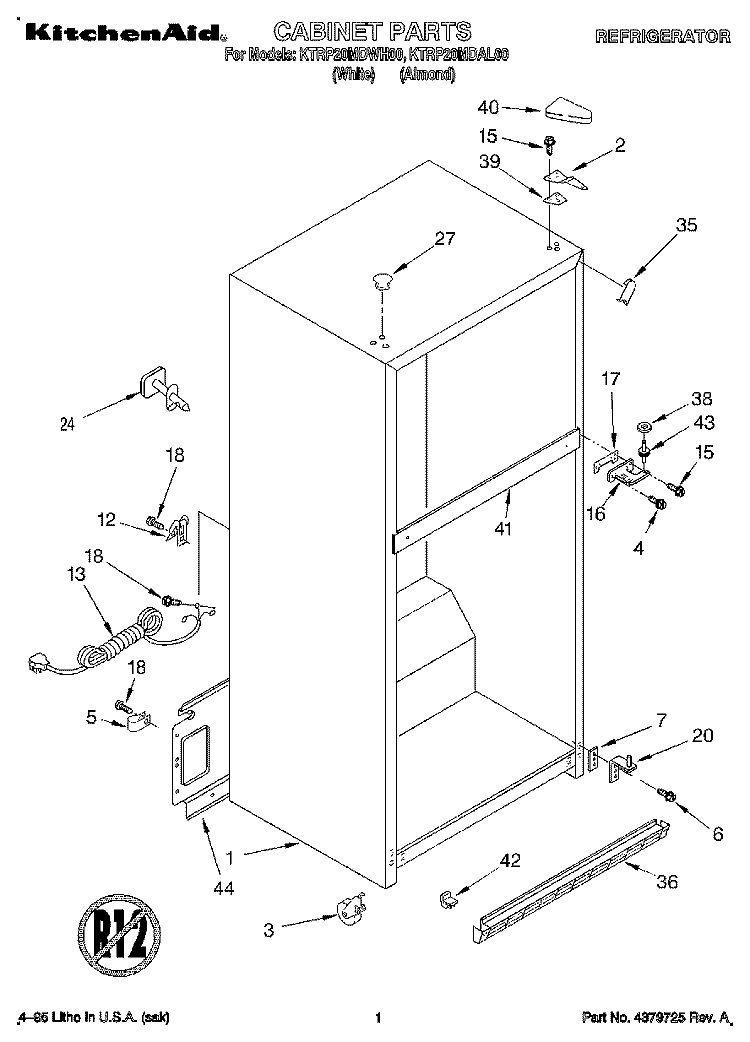 CABINET Diagram and Parts List for KTRP20MDWH00  Whirlpool Refrigerator