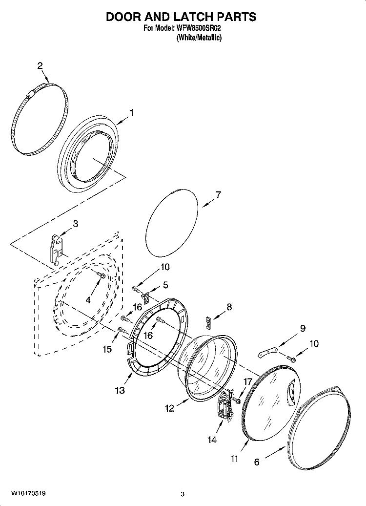 DOOR AND LATCH PARTS Diagram and Parts List for WFW8500SR02  Whirlpool Washer