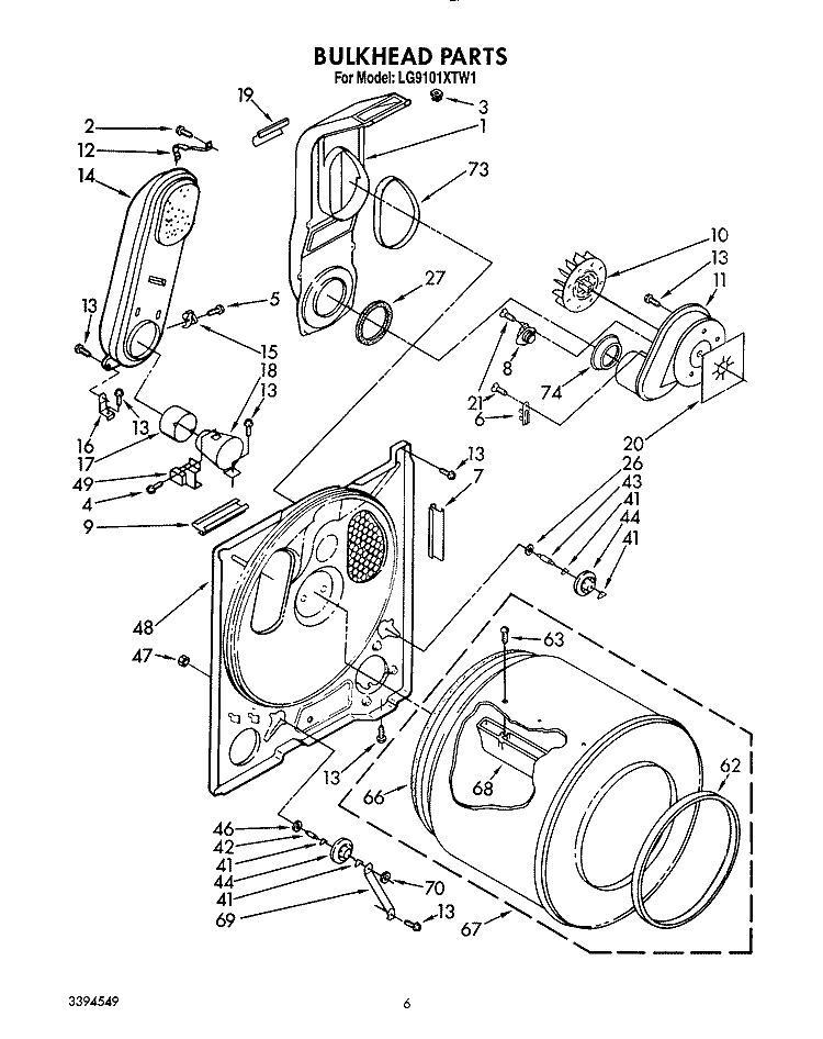 BULKHEAD Diagram and Parts List for LG9101XTW1  Whirlpool Dryer
