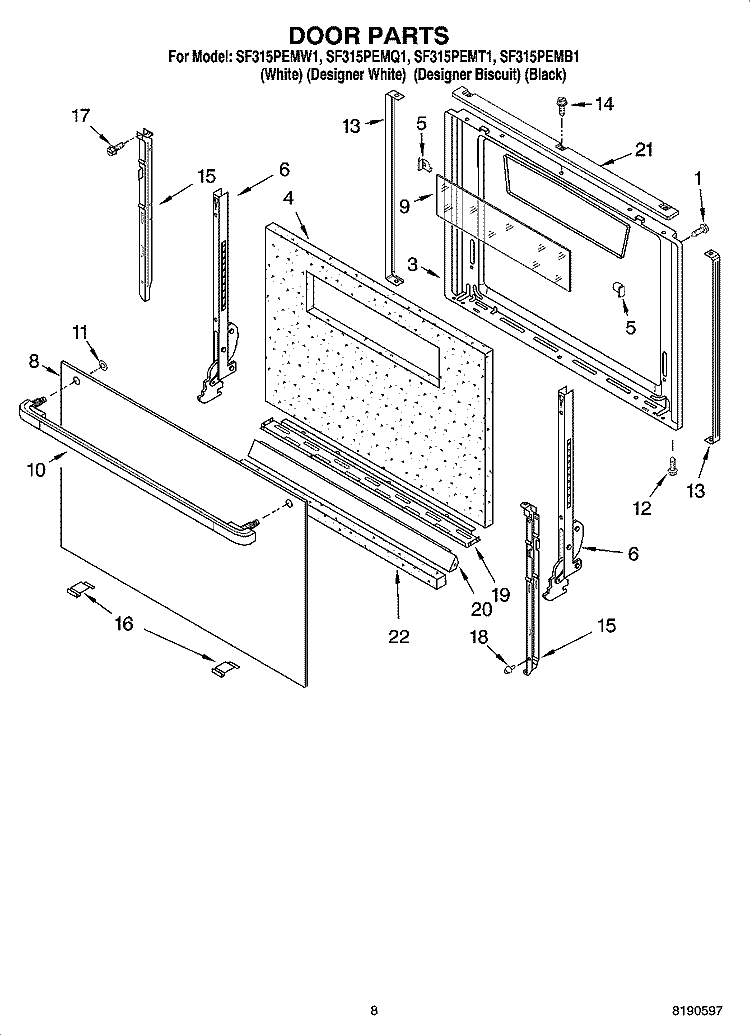 DOOR PARTS, MISCELLANEOUS PARTS Diagram and Parts List for SF315PEMQ1  Whirlpool Range