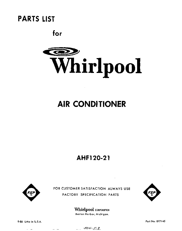 SECTION Diagram and Parts List for AHF12021  Whirlpool Air Conditioner