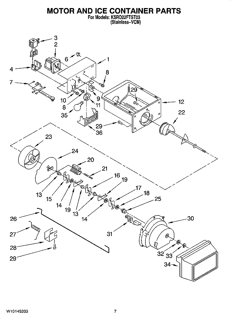 MOTOR AND ICE CONTAINER PARTS Diagram and Parts List for KSRD22FTST03  KitchenAid Refrigerator