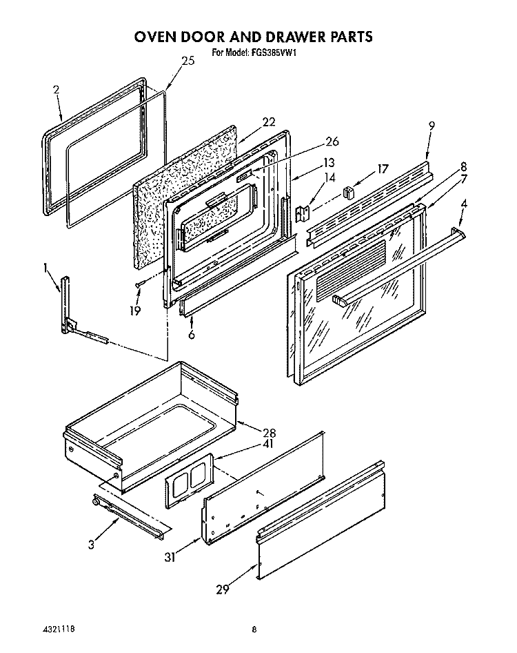 OVEN DOOR AND DRAWER Diagram and Parts List for FGS385VL1  Whirlpool Range