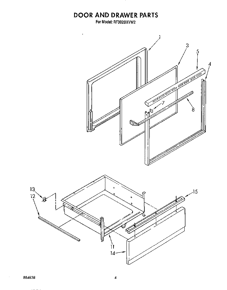 DOOR AND DRAWER Diagram and Parts List for RF302BXVG2  Whirlpool Range