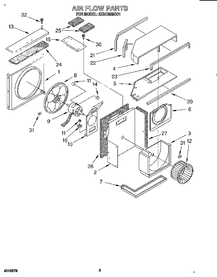 AIR FLOW Diagram and Parts List for 3XACM09DD1  Whirlpool Air Conditioner