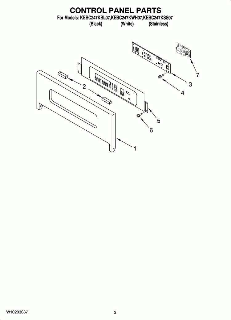 CONTROL PANEL PARTS Diagram and Parts List for KEBC247KSS07  KitchenAid Wall Oven