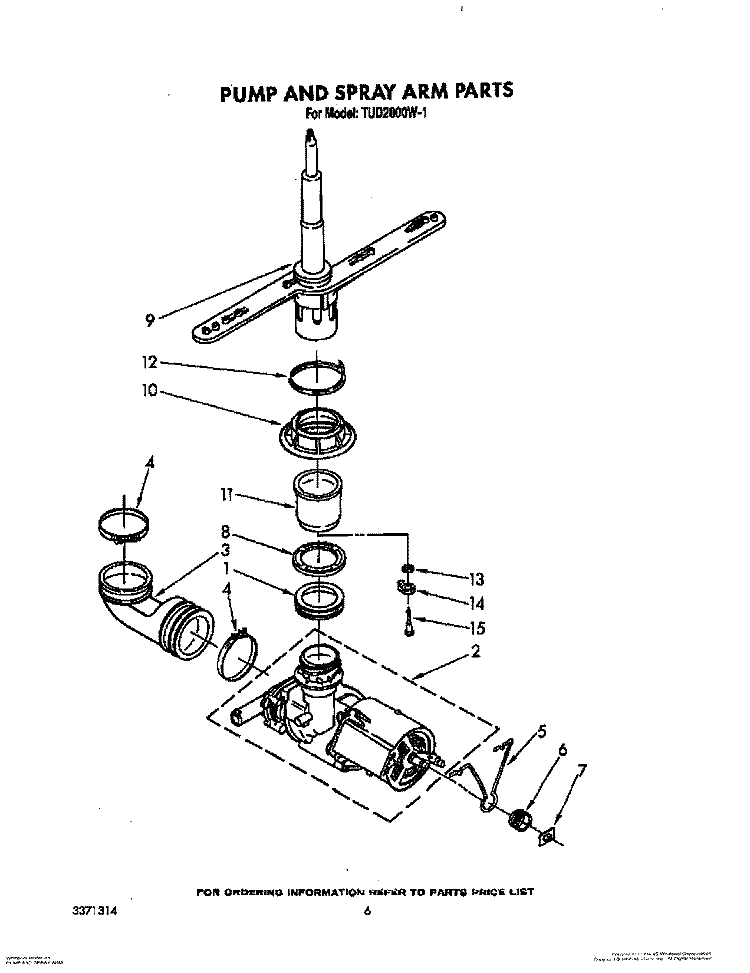 PUMP AND SPRAY ARM Diagram and Parts List for TUD2000W1  Whirlpool Dishwasher