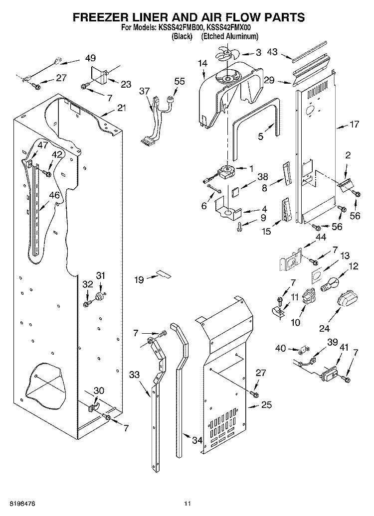 FREEZER LINER AND AIR FLOW PARTS Diagram and Parts List for KSSS42FMX00  KitchenAid Refrigerator