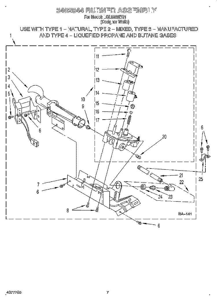 3402844 BURNER Diagram and Parts List for LGL8858EQ1  Whirlpool Dryer