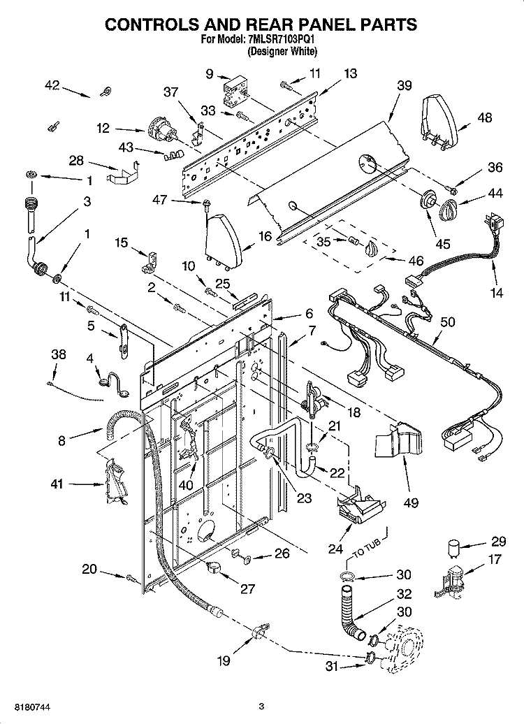 CONTROLS AND REAR PANEL PARTS Diagram and Parts List for 7MLSR7103PQ1  Whirlpool Washer