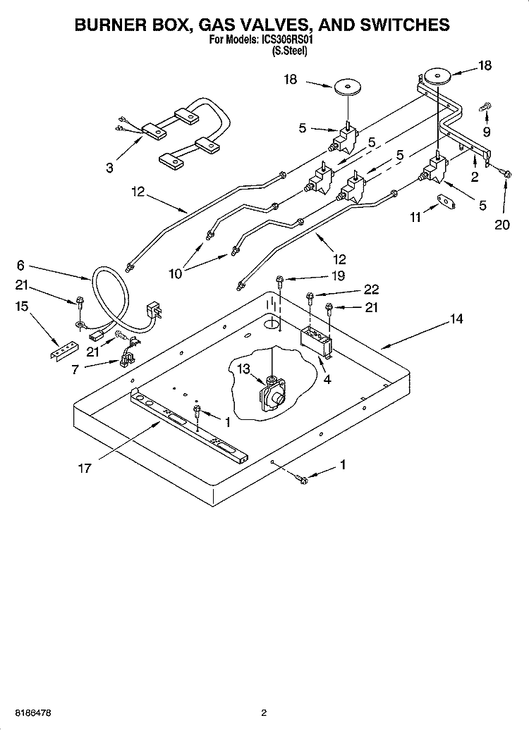 BURNER BOX, GAS VALVES, AND SWITCHES Diagram and Parts List for ICS306RS01  Whirlpool Cooktop