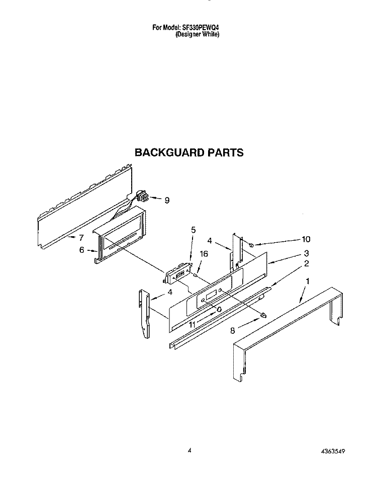 BACKGUARD Diagram and Parts List for SF330PEWQ4  Whirlpool Range