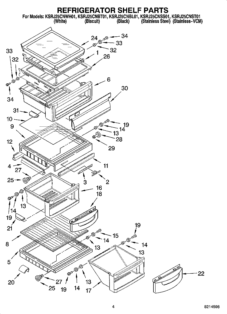REFRIGERATOR SHELF PARTS Diagram and Parts List for KSRJ25CNBT01  KitchenAid Refrigerator