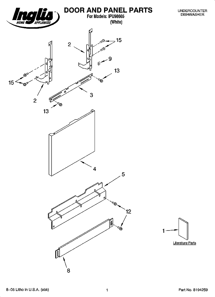 DOOR AND PANEL PARTS Diagram and Parts List for IPU98665  Inglis Dishwasher