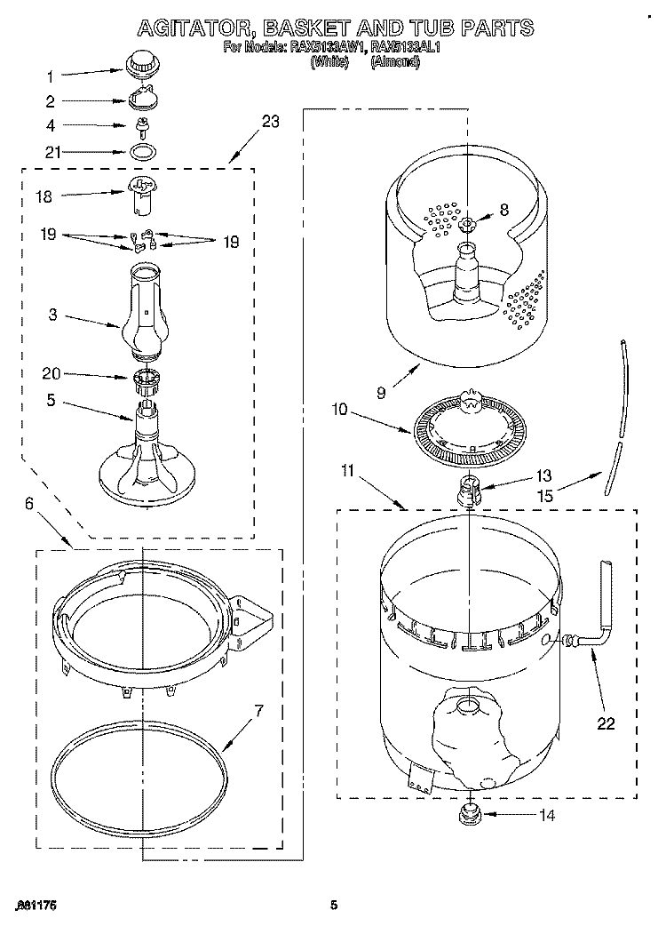 AGITATOR, BASKET AND TUB Diagram and Parts List for RAX5133AW1  Roper Washer