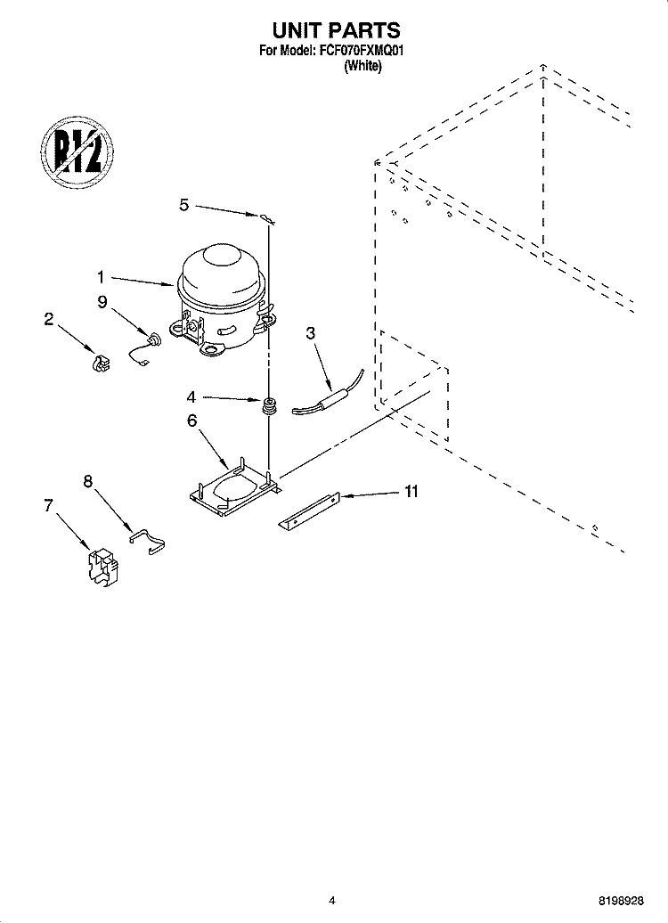 UNIT PARTS Diagram and Parts List for FCF070FXMQ01  Whirlpool Freezer