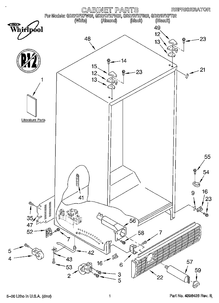 CABINET, LITERATURE Diagram and Parts List for GD27DFXFB02  Whirlpool Refrigerator