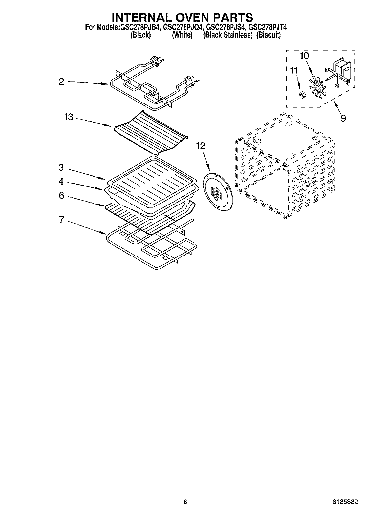 INTERNAL OVEN Diagram and Parts List for GSC278PJS4  Whirlpool Microwave Oven Combo