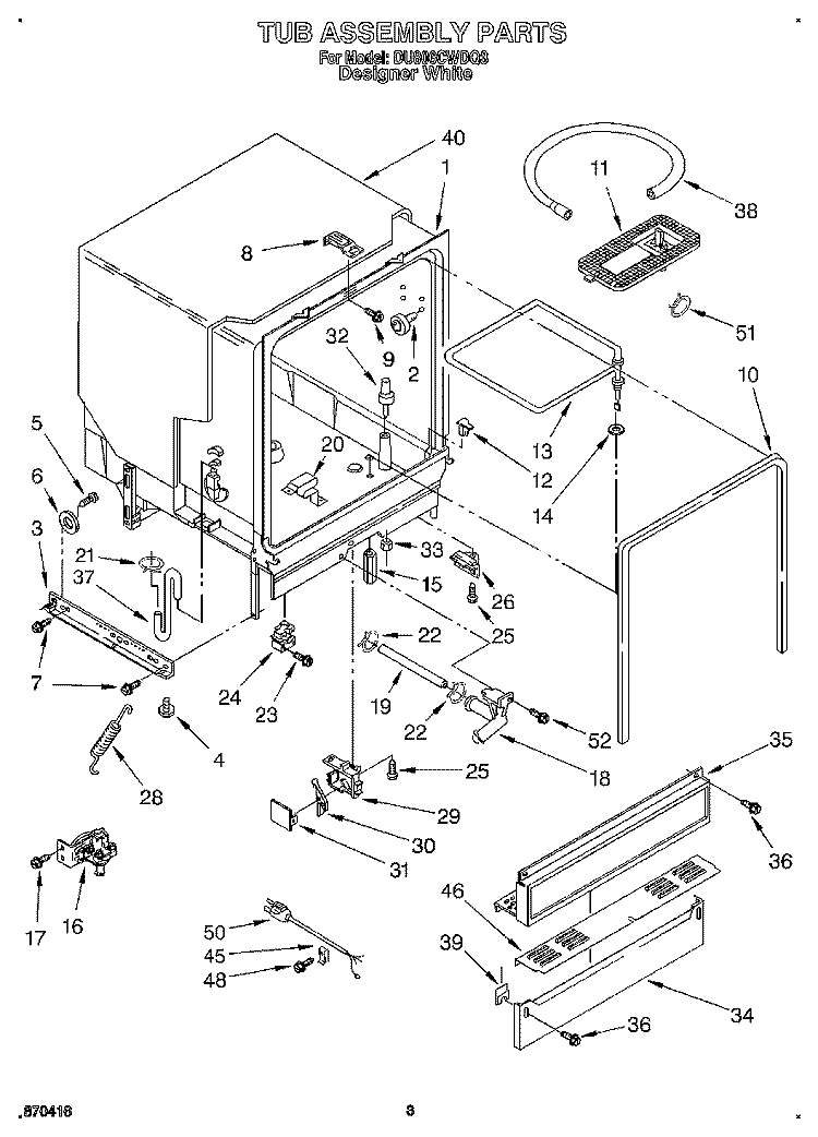 TUB ASSEMBLY Diagram and Parts List for DU806CWDQ3  Whirlpool Dishwasher
