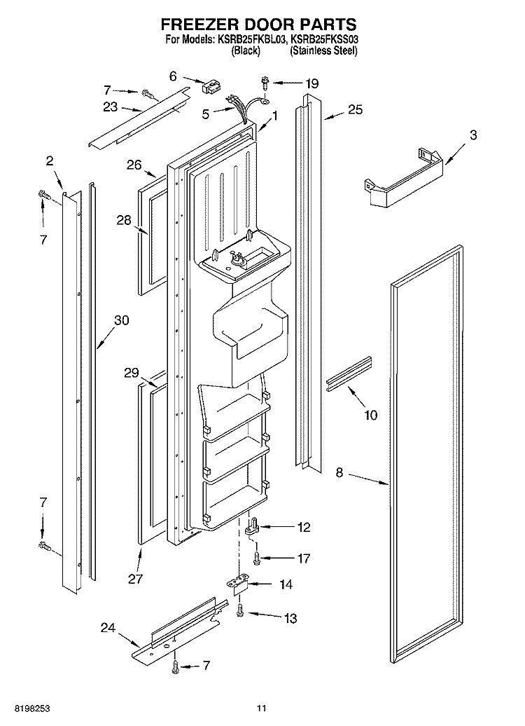 FREEZER DOOR PARTS Diagram and Parts List for KSRB25FKSS03  KitchenAid Refrigerator