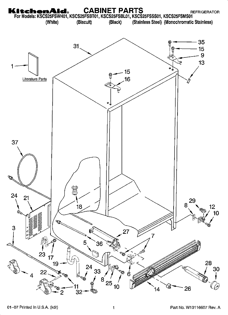 CABINET PARTS Diagram and Parts List for KSCS25FSMS01  KitchenAid Refrigerator