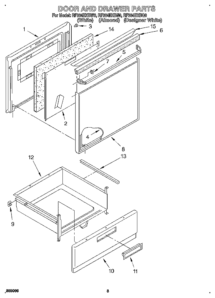 DOOR AND DRAWER Diagram and Parts List for RF364BXBW0  Whirlpool Range