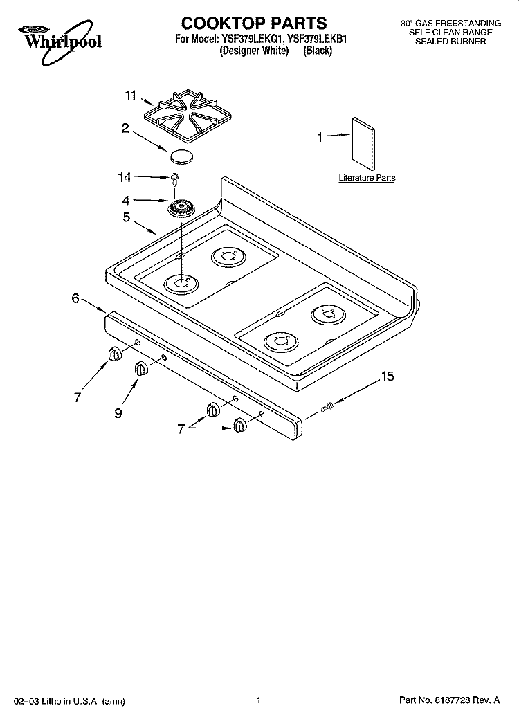 COOKTOP PARTS Diagram and Parts List for YSF379LEKQ1  Whirlpool Range