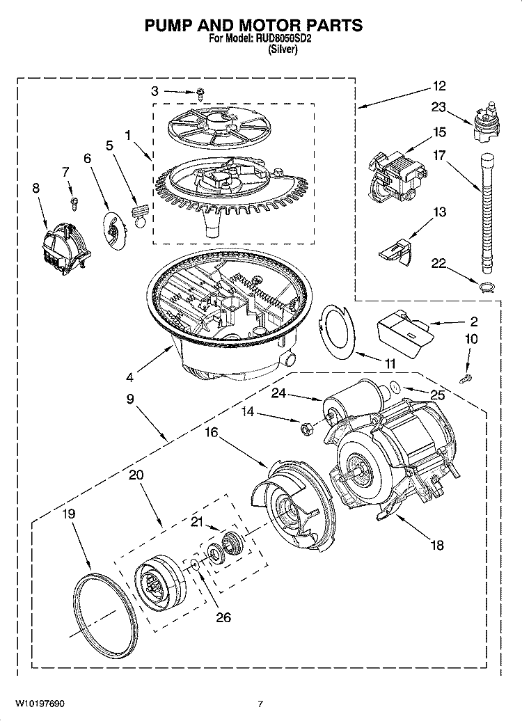 PUMP AND MOTOR PARTS Diagram and Parts List for RUD8050SD2  Roper Dishwasher