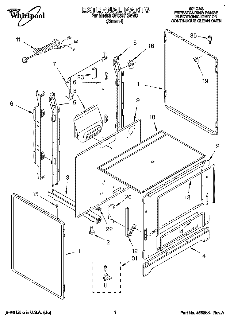 EXTERNAL Diagram and Parts List for SF330PEWN8  Whirlpool Range