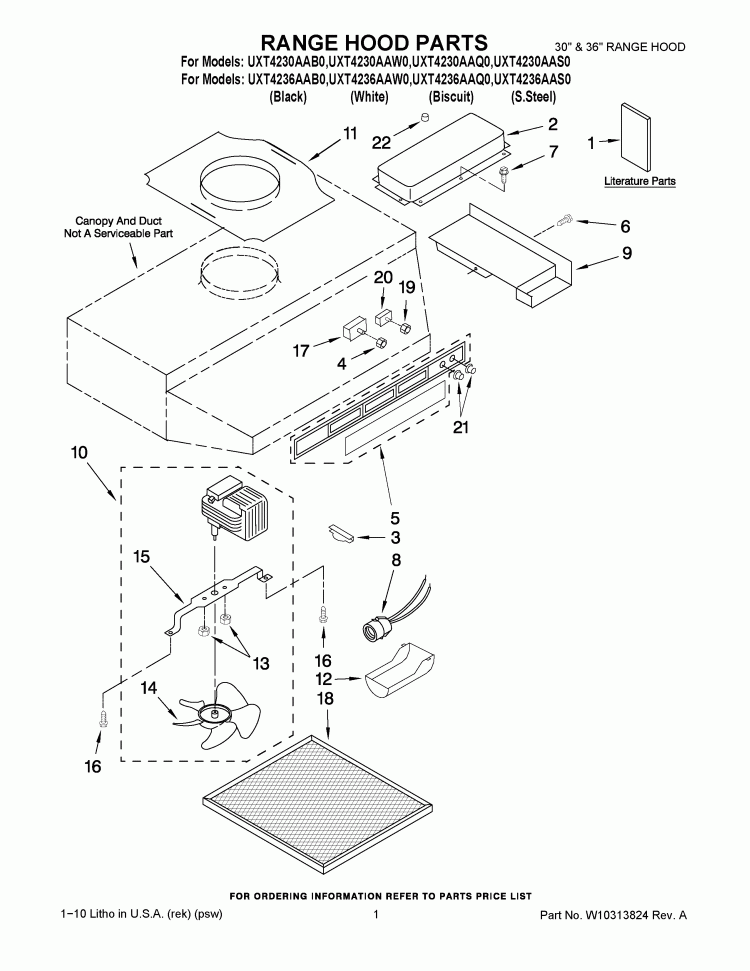 RANGE HOOD PARTS Diagram and Parts List for UXT4230AAQ0  Whirlpool Range Hood